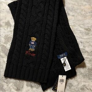Polo by Ralph Lauren Black Knit Scarf with Bear Embroidery